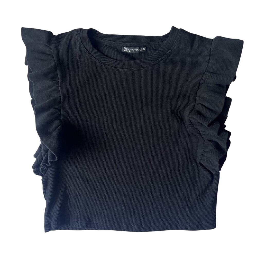 Zara Black Ribbed Ruffle Flutter Sleeve Crop Top Size M Sleeveless Summer